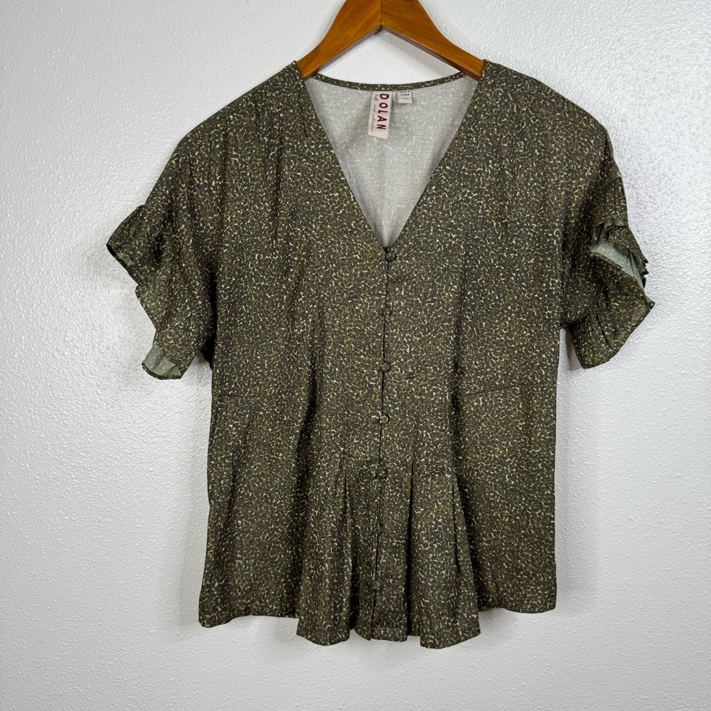 Dolan for Anthropologie Green Speckled Ruffled Sleeve Blouse Size Xsmall